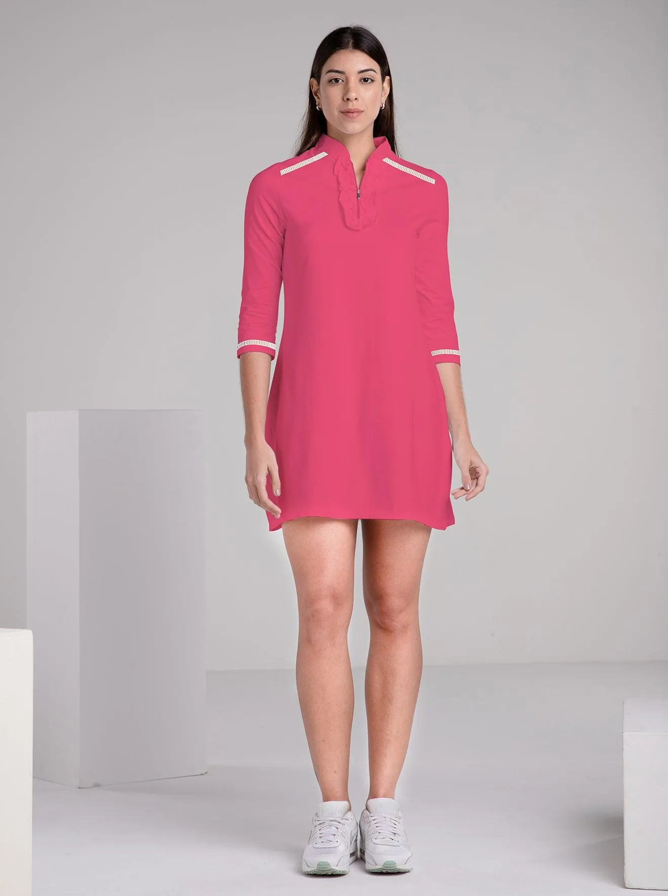 Solid Knit 3/4 Sleeve Ruffle Placket Neck Embellished Dress