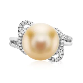 Sterling Silver 11-12mm Golden South Sea Pearl & Cubic Zirconia Ring