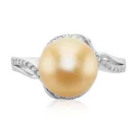 Sterling Silver 9-10.5mm Golden South Sea Pearl & Cubic Zirconia Ring