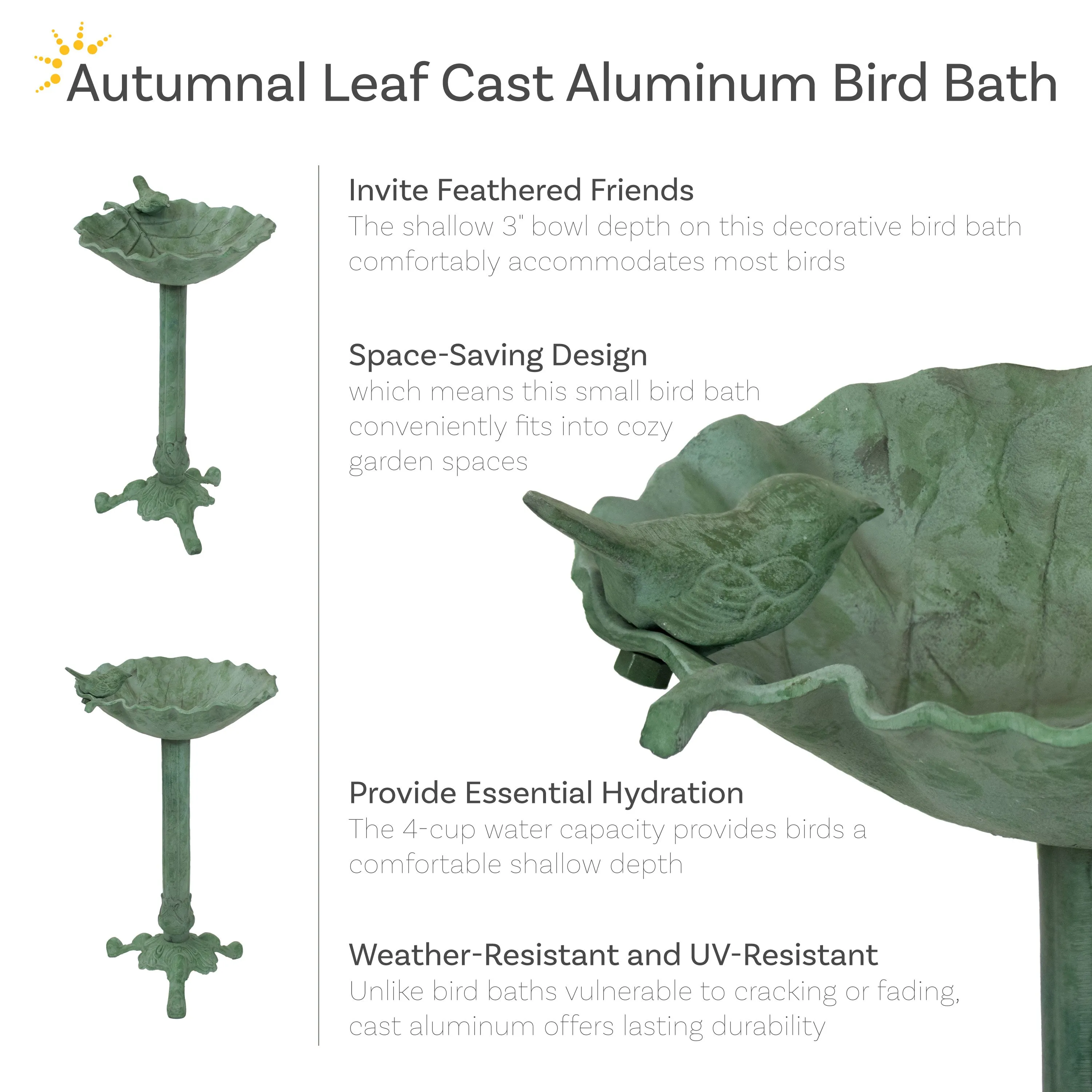 Sunnydaze Autumnal Leaf Metal Bird Bath - Green Patina - 11.75"