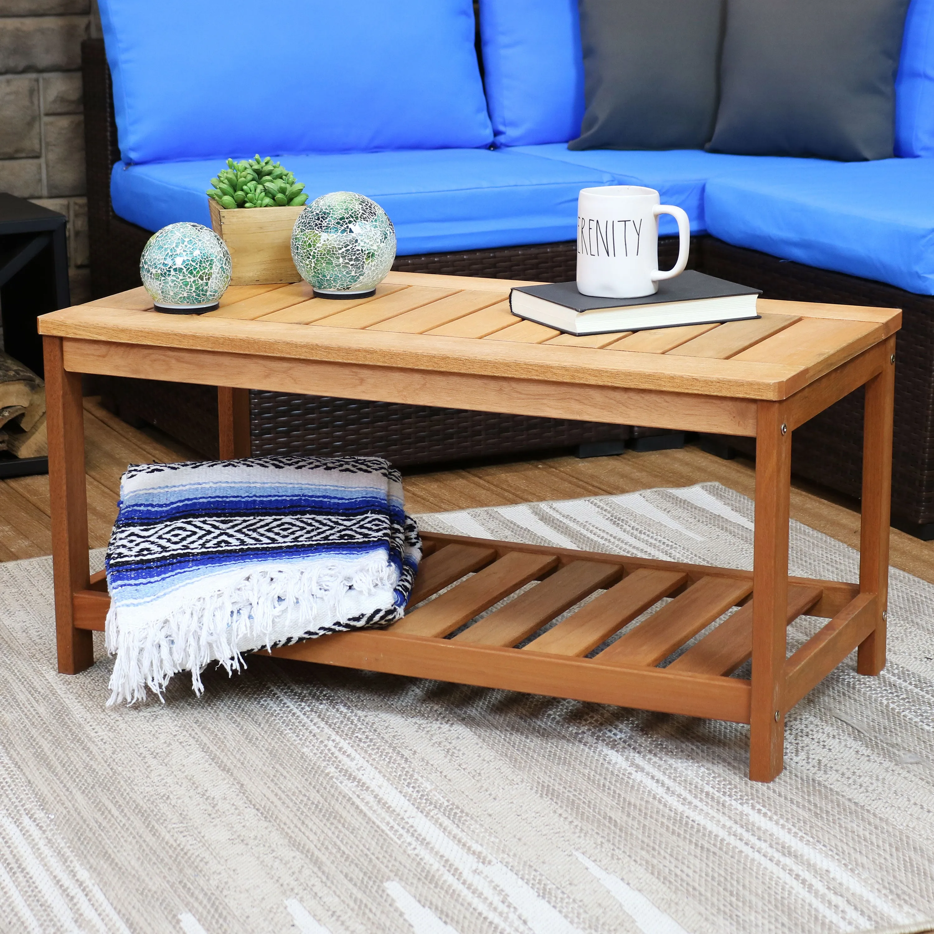 Sunnydaze Meranti Wood Outdoor Coffee Table with Teak Oil Finish - 35"