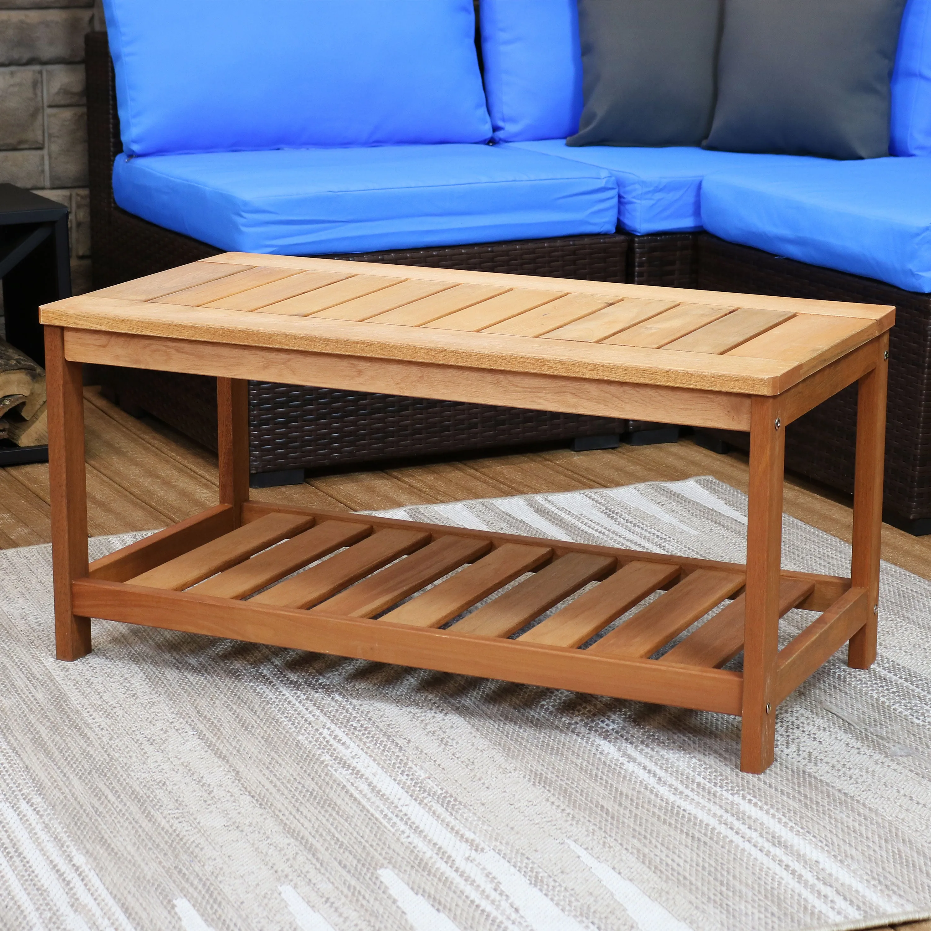 Sunnydaze Meranti Wood Outdoor Coffee Table with Teak Oil Finish - 35"