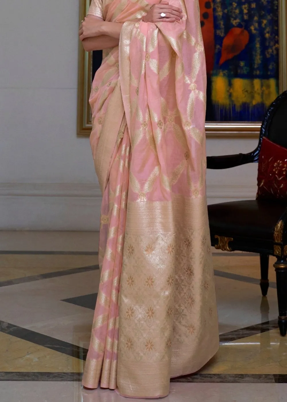 Sweet Pink Banarasi-Chanderi Fusion Woven Silk Saree