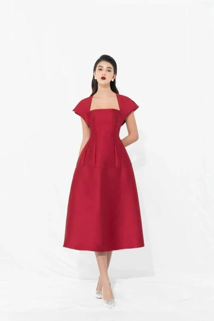 Taffeta Dress with Cape Sleeves-GAYE