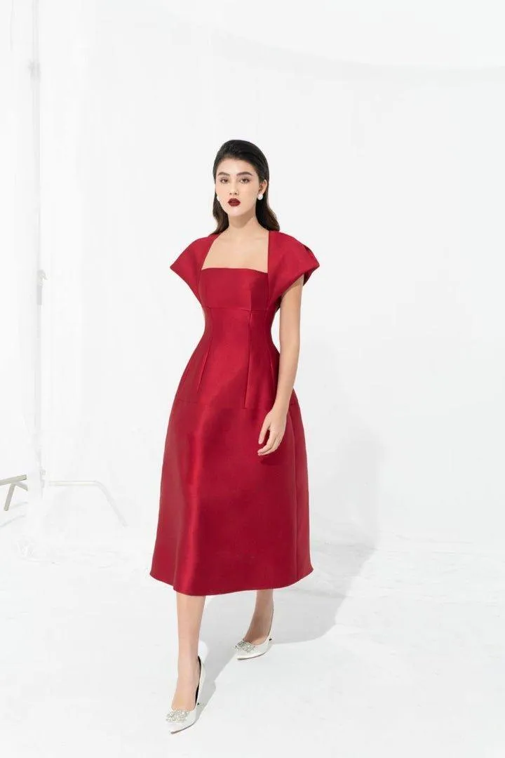 Taffeta Dress with Cape Sleeves-GAYE