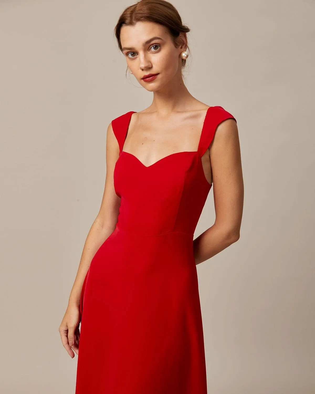 The Red Sweetheart Neck Cap Sleeve Midi Dress