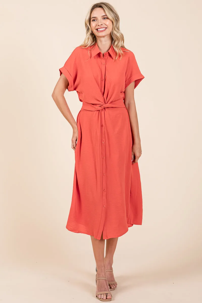 Twist Front Smocked Button Down Midi Shirt Dress