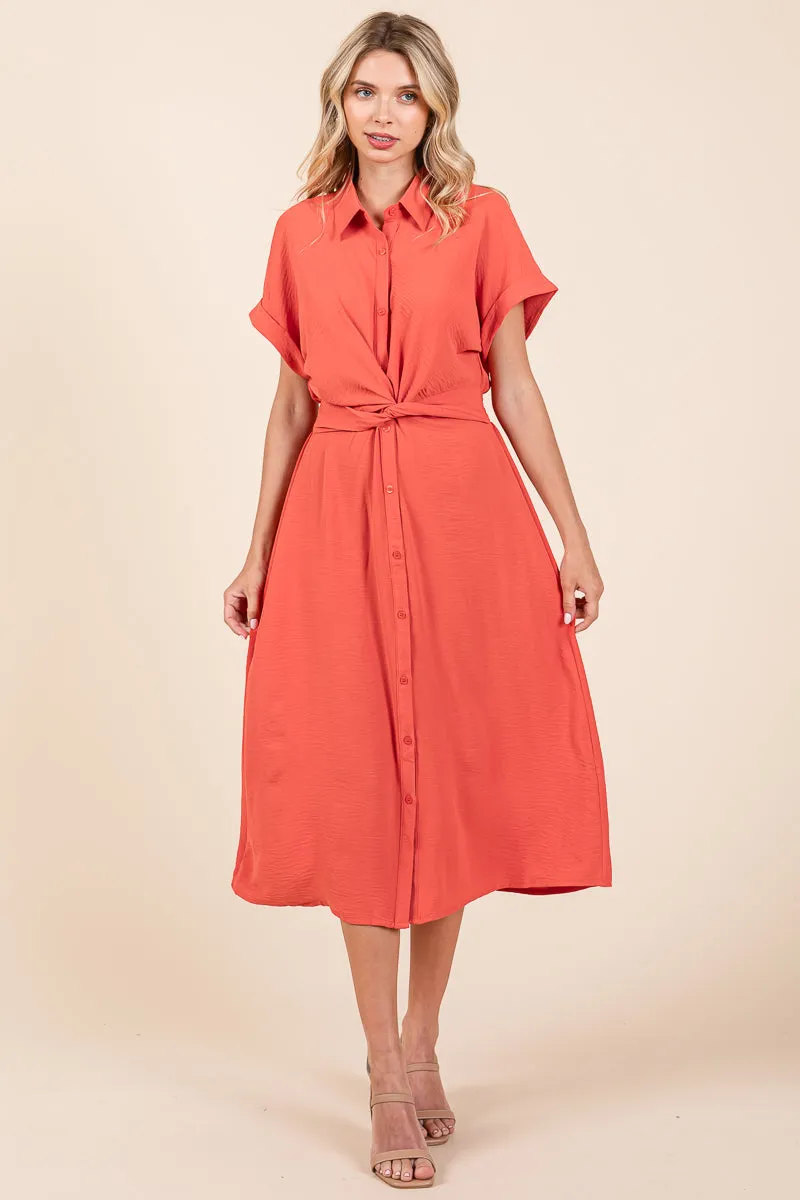 Twist Front Smocked Button Down Midi Shirt Dress