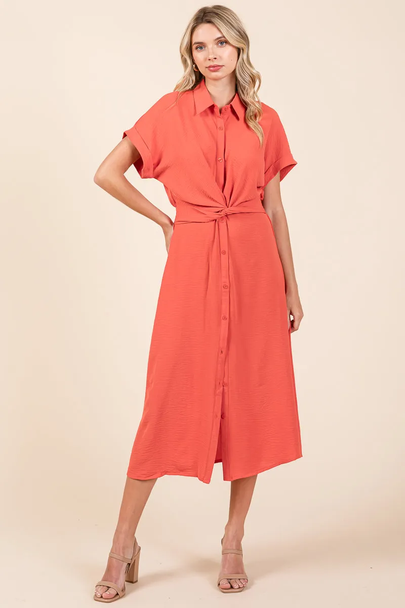 Twist Front Smocked Button Down Midi Shirt Dress