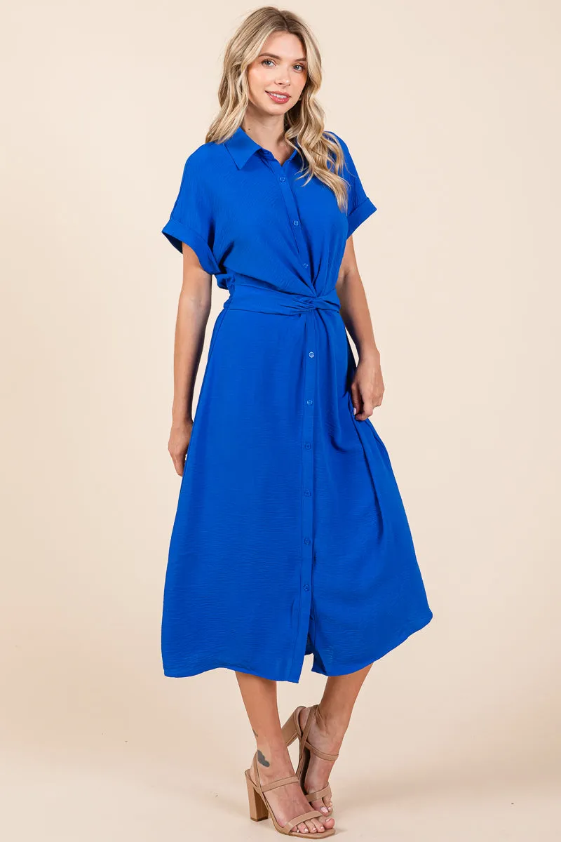 Twist Front Smocked Button Down Midi Shirt Dress