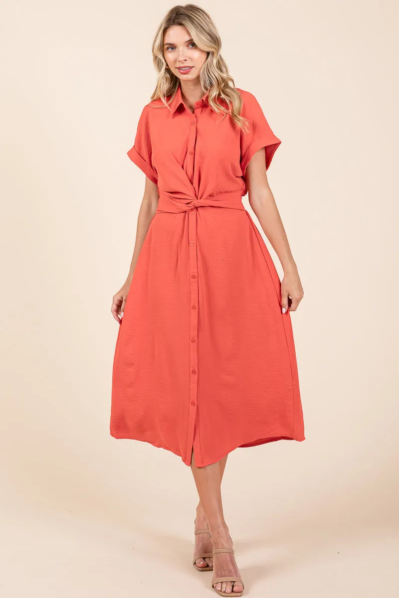 Twist Front Smocked Button Down Midi Shirt Dress