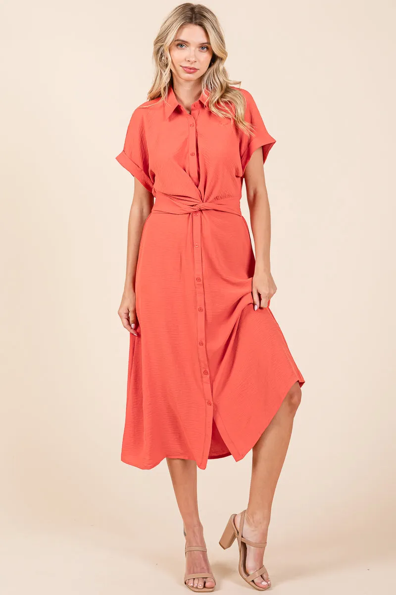 Twist Front Smocked Button Down Midi Shirt Dress