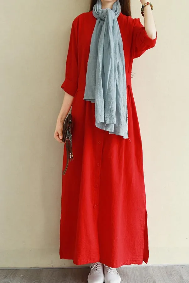 V neck long sleeve linen commuter long dress CYM341