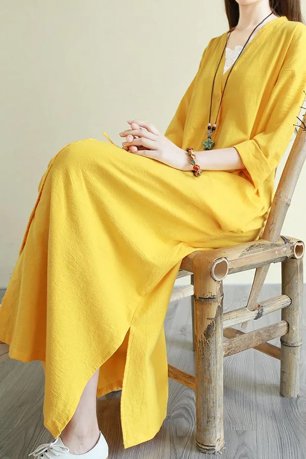 V neck long sleeve linen commuter long dress CYM341