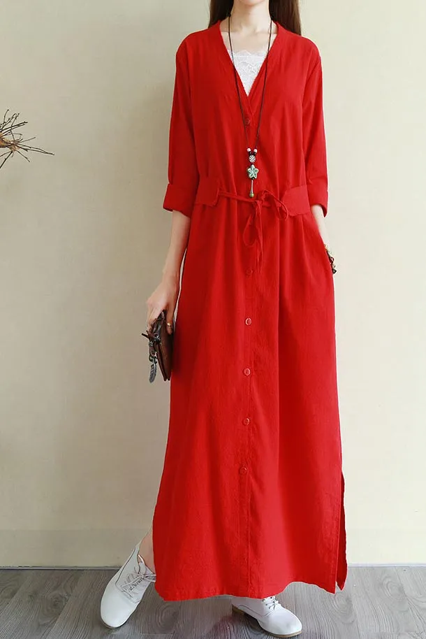 V neck long sleeve linen commuter long dress CYM341