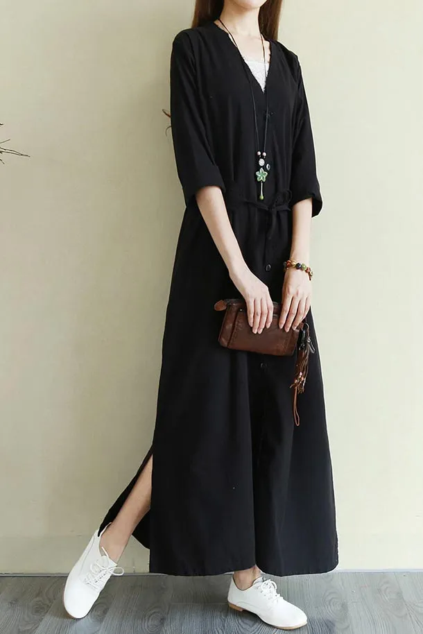 V neck long sleeve linen commuter long dress CYM341