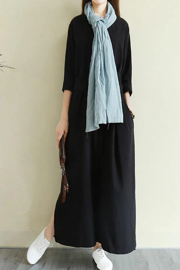 V neck long sleeve linen commuter long dress CYM341