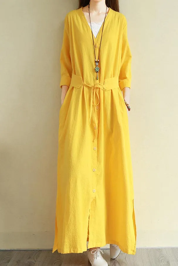 V neck long sleeve linen commuter long dress CYM341