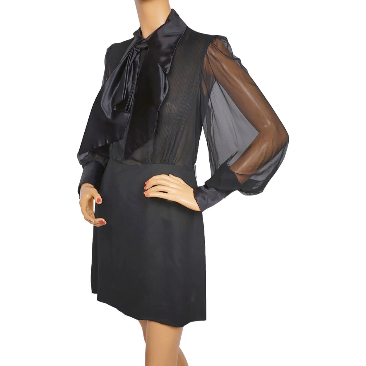 Vintage 1970s Mod Mini Dress Black Chiffon and Satin - Dolly Rocker Style - Size M