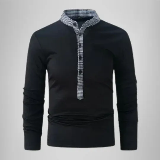 WarmFit - Heren Lange Mouw Henley Shirt met Geruite Opstaande Kraag, Casual Pullover