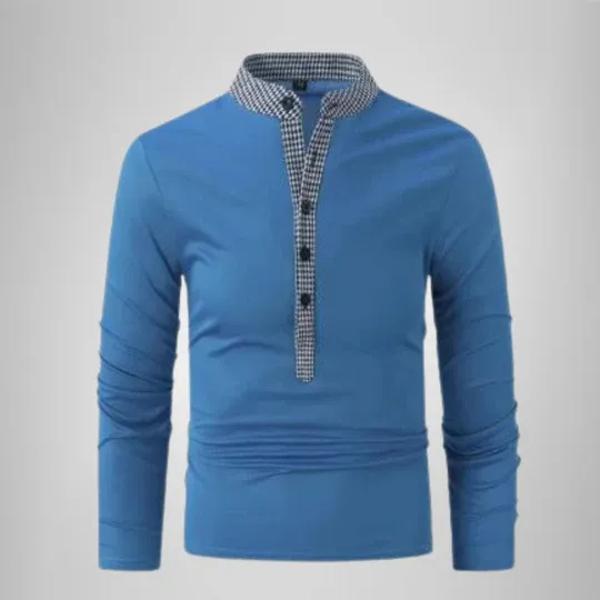 WarmFit - Heren Lange Mouw Henley Shirt met Geruite Opstaande Kraag, Casual Pullover