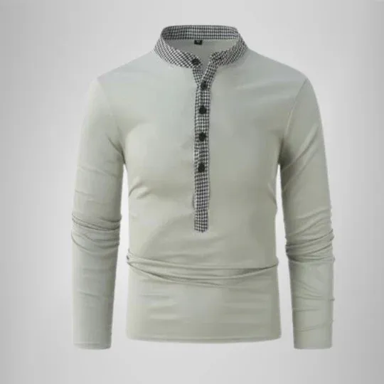 WarmFit - Heren Lange Mouw Henley Shirt met Geruite Opstaande Kraag, Casual Pullover