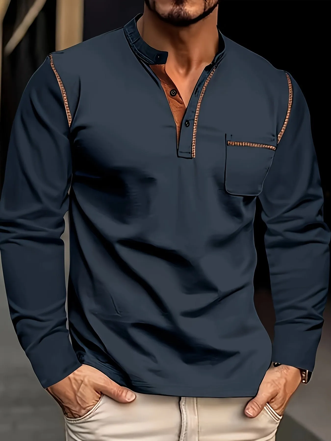 WarmMan - Heren Lange Mouw Henley Shirt met Borstzak en Contrasterende Stiksels