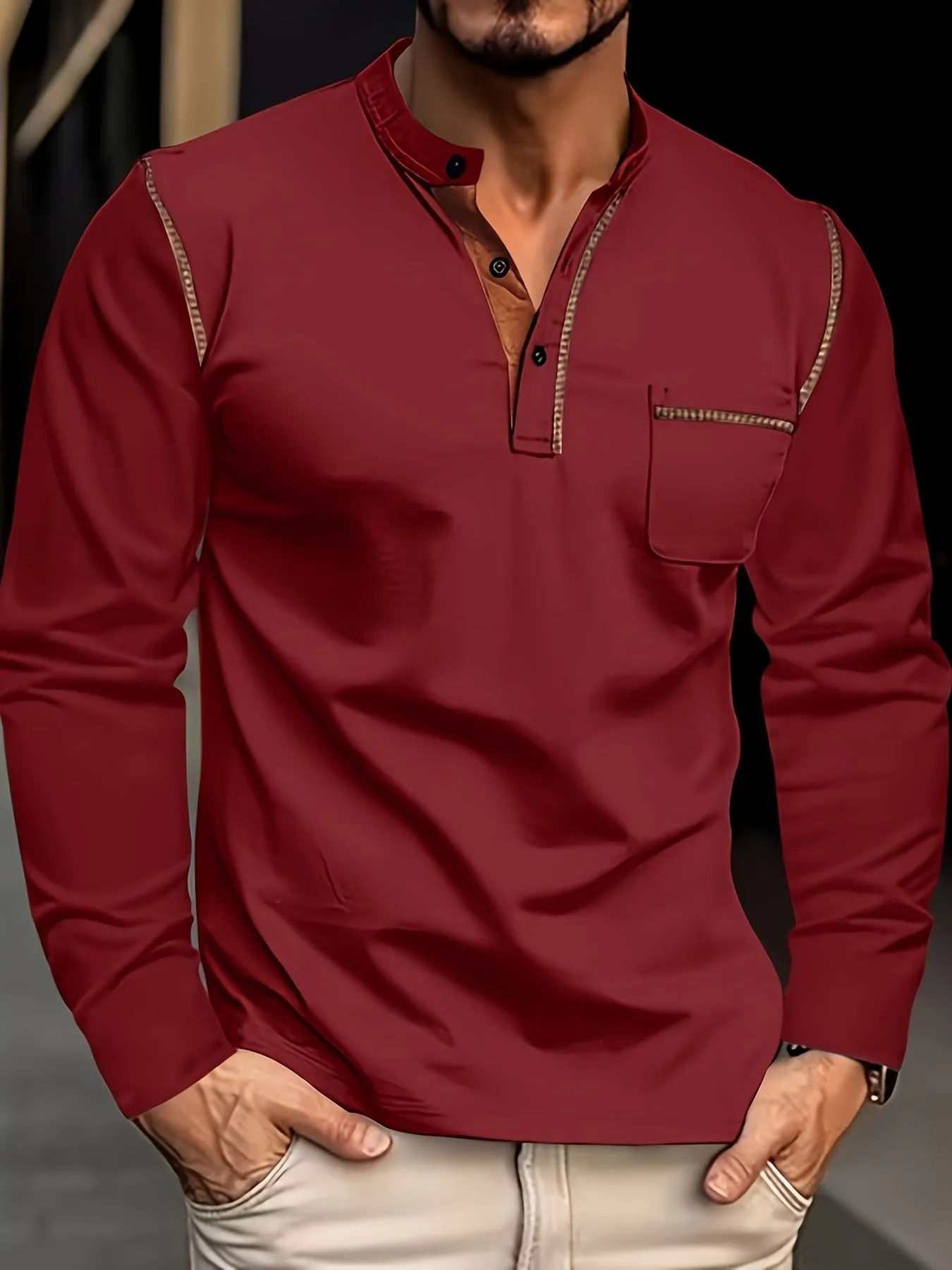 WarmMan - Heren Lange Mouw Henley Shirt met Borstzak en Contrasterende Stiksels