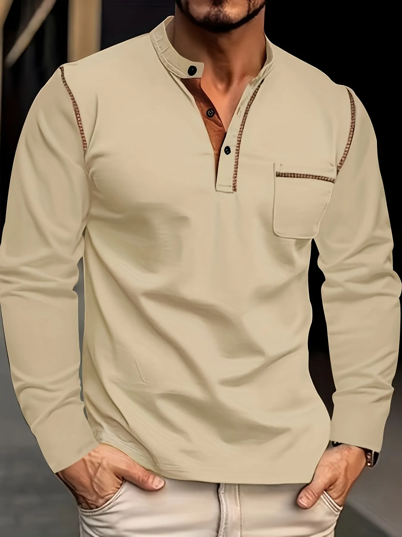 WarmMan - Heren Lange Mouw Henley Shirt met Borstzak en Contrasterende Stiksels