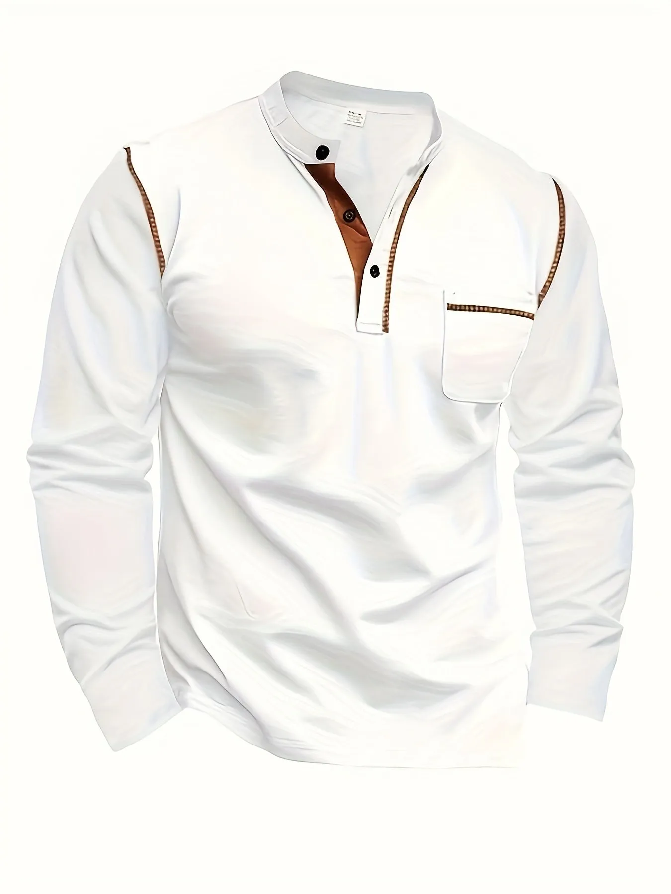 WarmMan - Heren Lange Mouw Henley Shirt met Borstzak en Contrasterende Stiksels