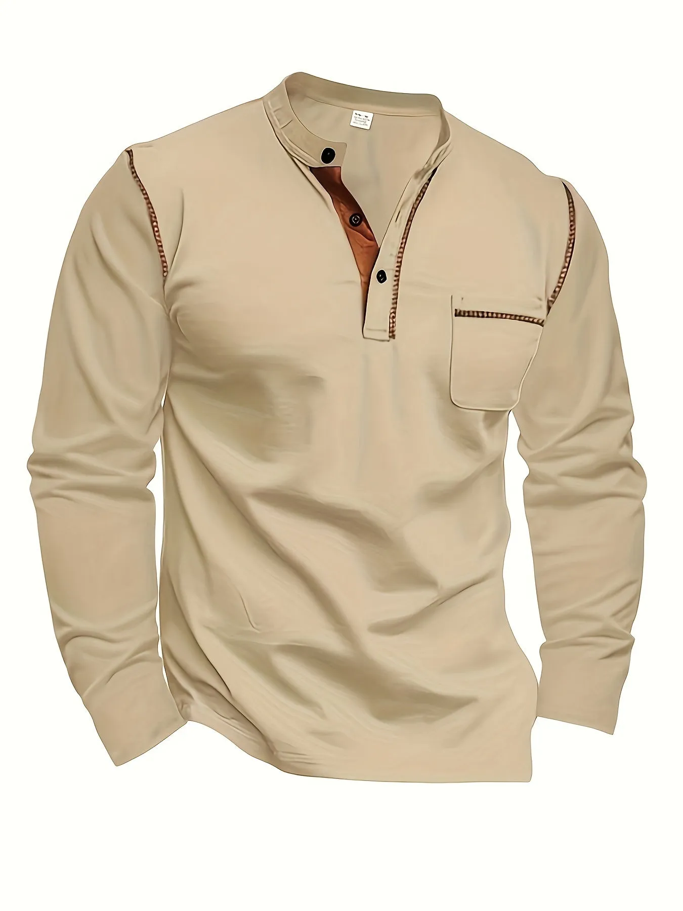 WarmMan - Heren Lange Mouw Henley Shirt met Borstzak en Contrasterende Stiksels