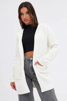 White Knit Cardigan Hooded Chenille