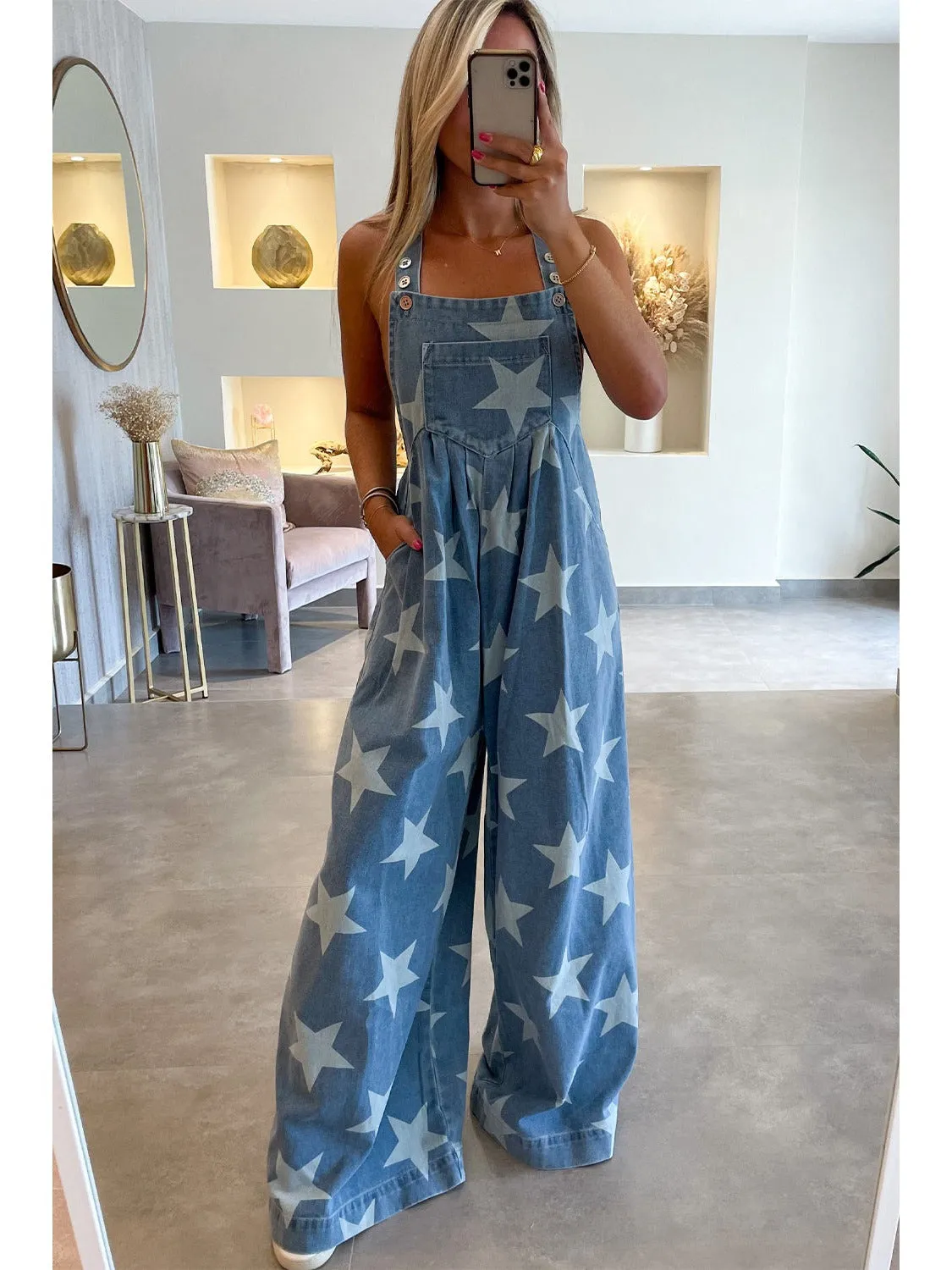 White Star Print Button Strap Pleated Wide Leg Denim Overall