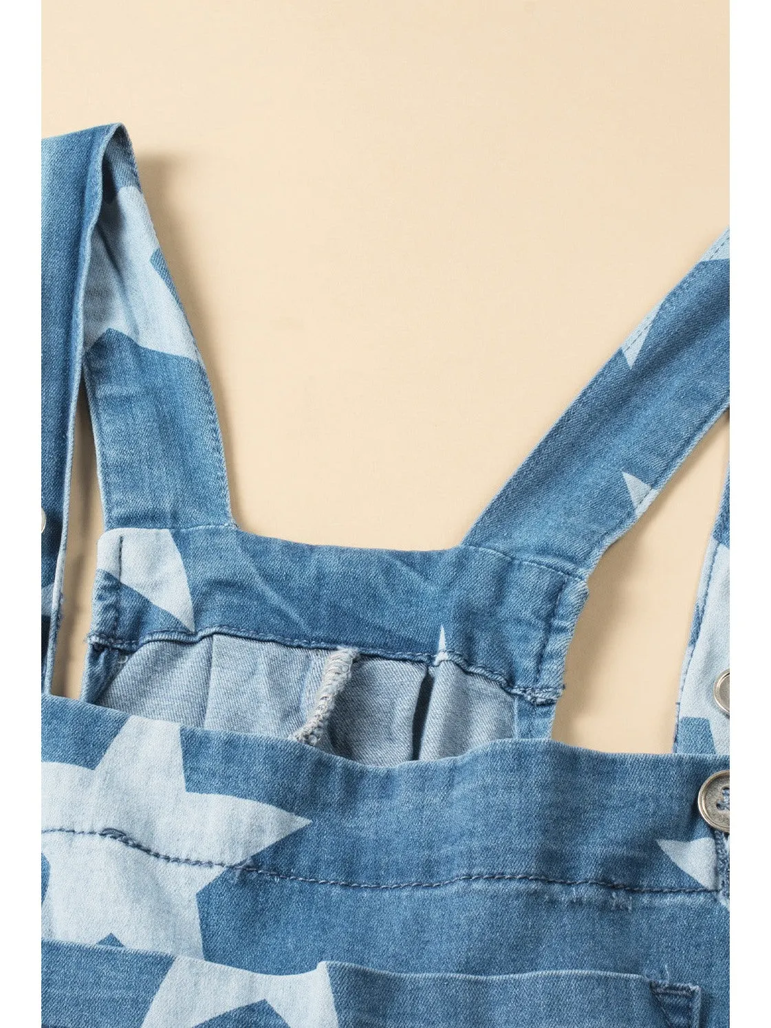 White Star Print Button Strap Pleated Wide Leg Denim Overall