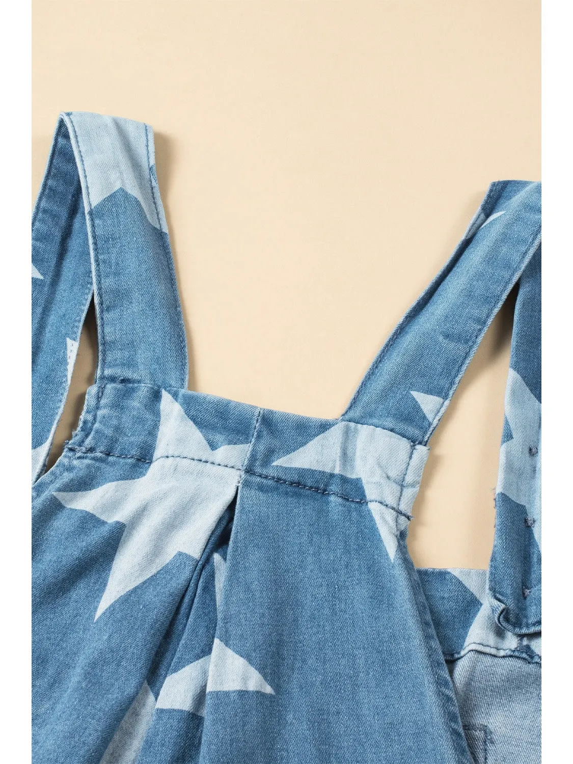 White Star Print Button Strap Pleated Wide Leg Denim Overall