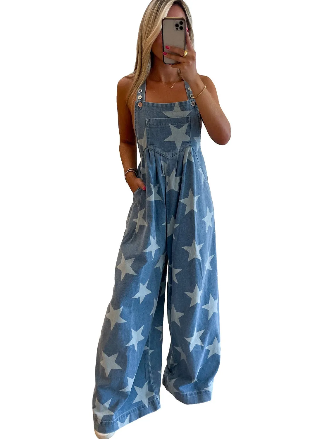 White Star Print Button Strap Pleated Wide Leg Denim Overall