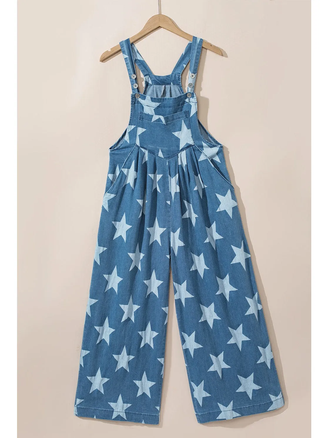 White Star Print Button Strap Pleated Wide Leg Denim Overall