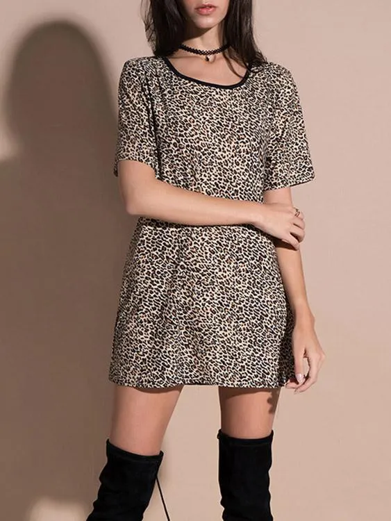 Wholesale Round Neck Short Sleeve Leopard Shirt Dress