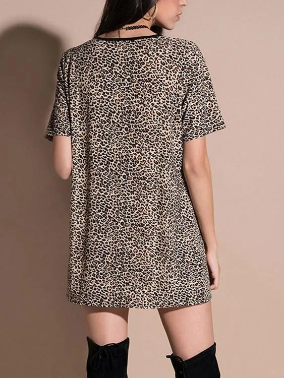 Wholesale Round Neck Short Sleeve Leopard Shirt Dress