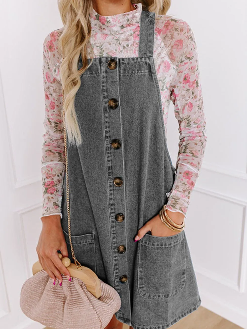 Wide Strap Button Down Denim Overall Dress