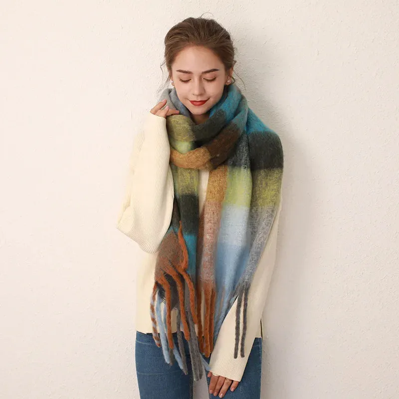 Winter Plaid Tassel Rainbow Faux Cashmere Long Muffler Scarf