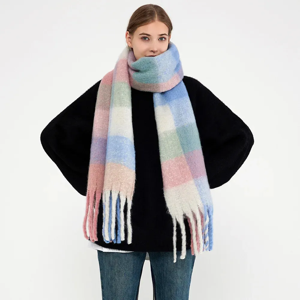 Winter Plaid Tassel Rainbow Faux Cashmere Long Muffler Scarf