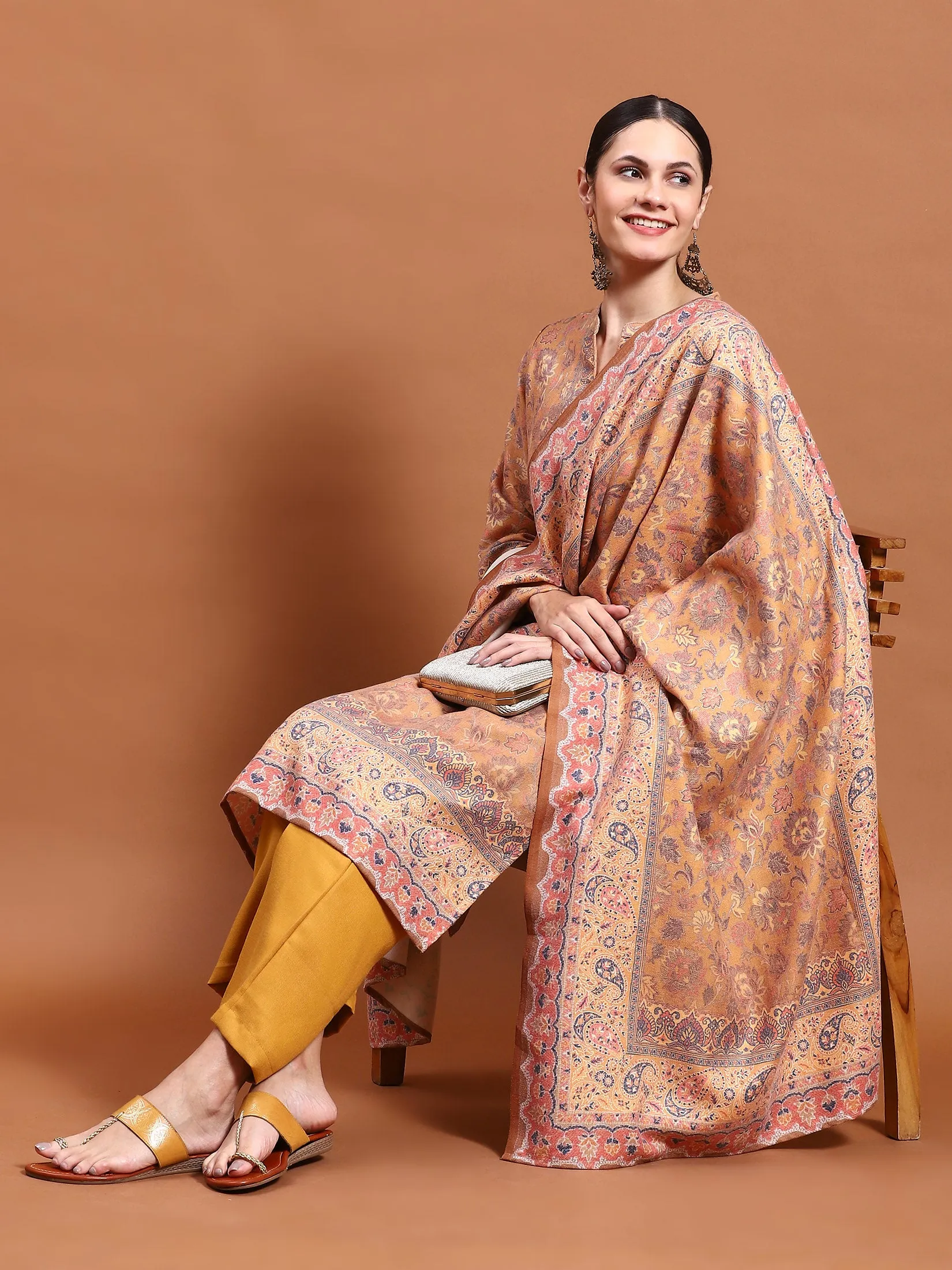 Winter Women Mustard Floral Print Kurta Comfort Pant Dupatta