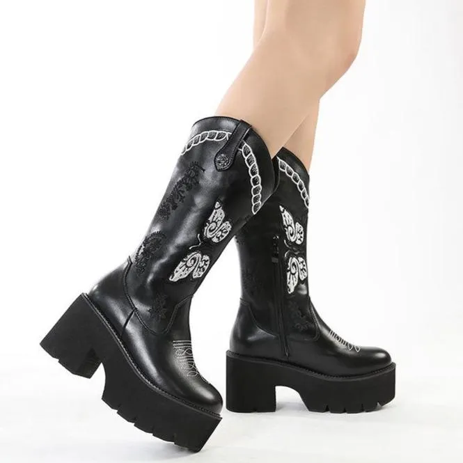 Women embroidered butterfly chunky heel platform knee high black boots