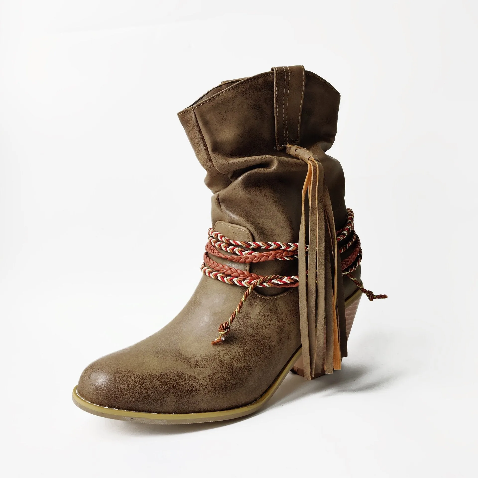 Women fringed woven strap chunky heel short cowboy boots