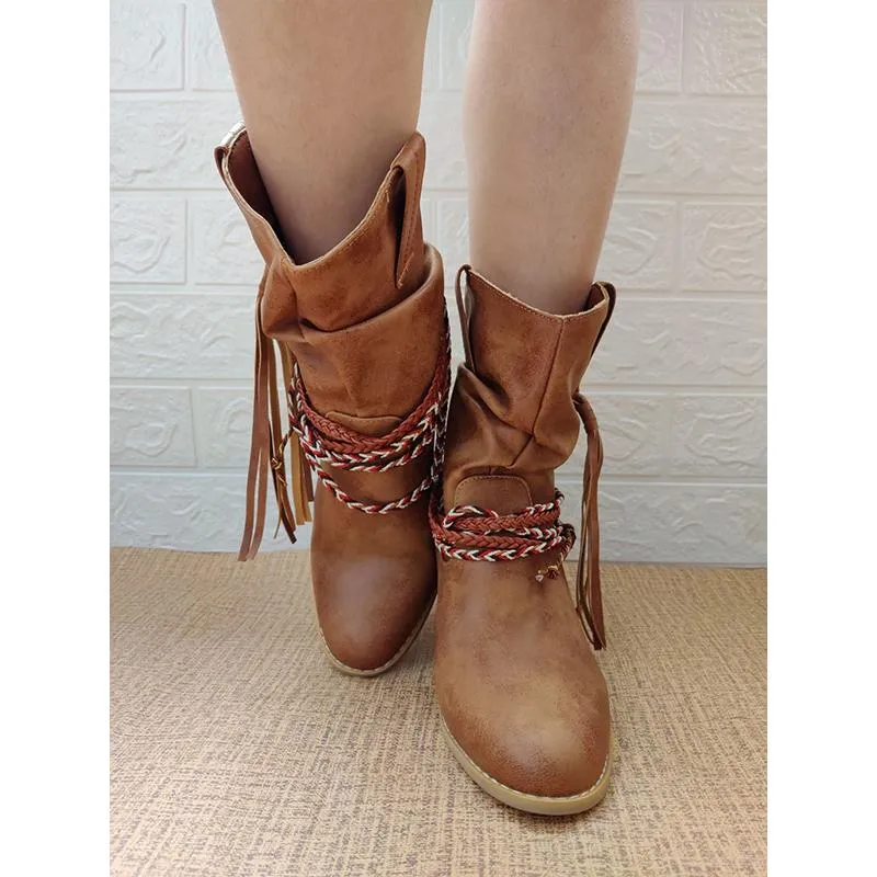 Women fringed woven strap chunky heel short cowboy boots