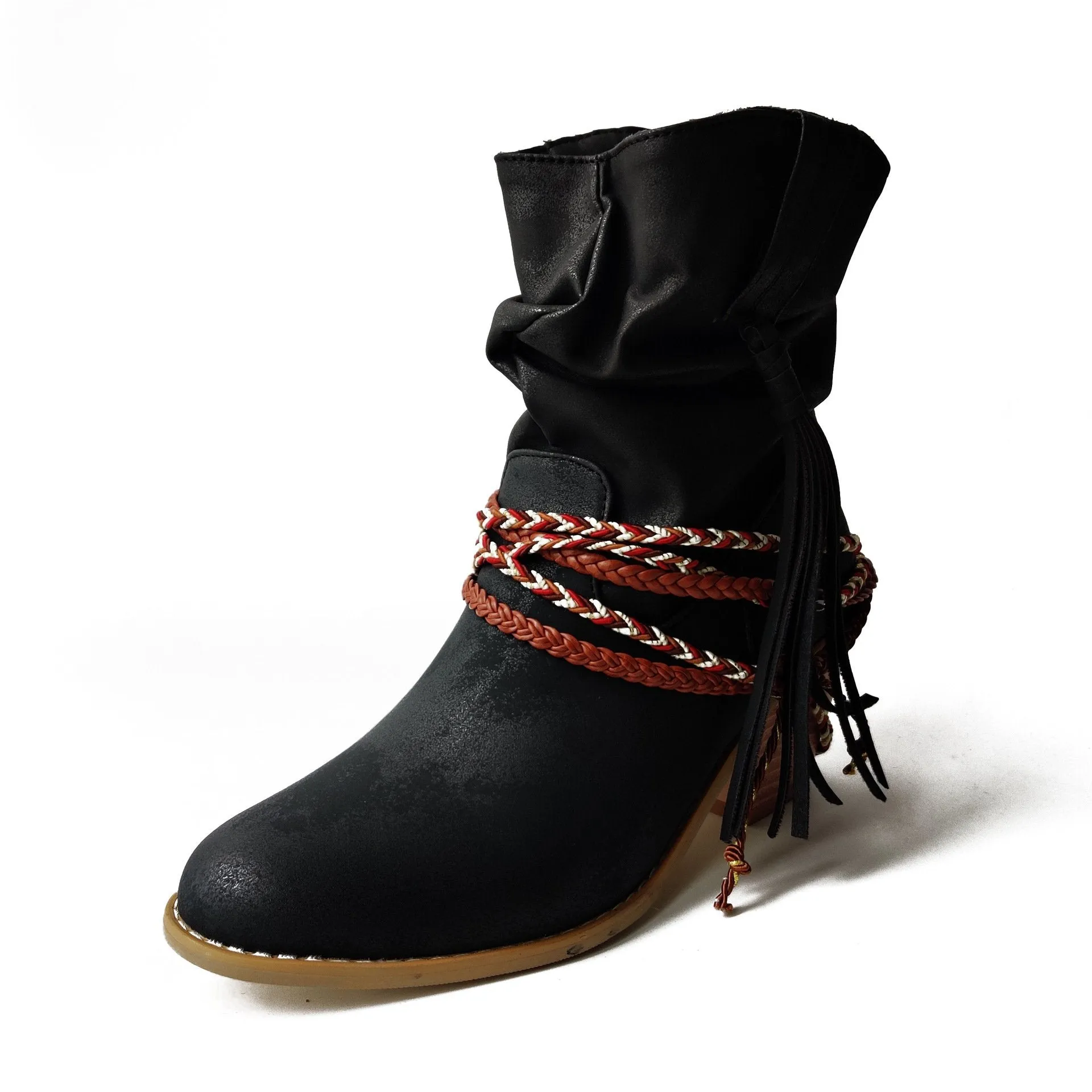 Women fringed woven strap chunky heel short cowboy boots