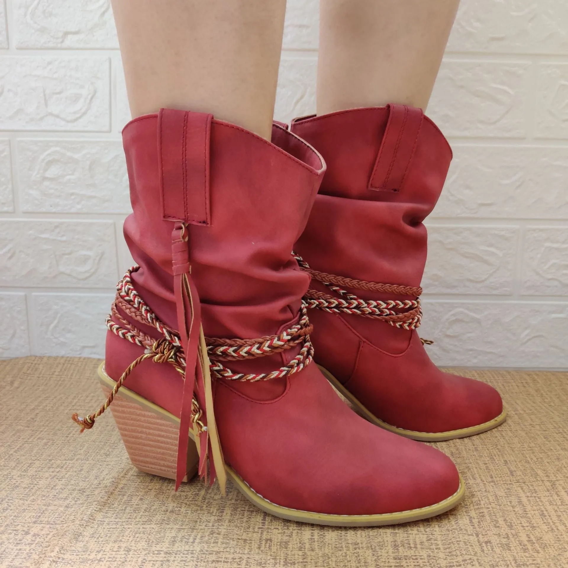 Women fringed woven strap chunky heel short cowboy boots