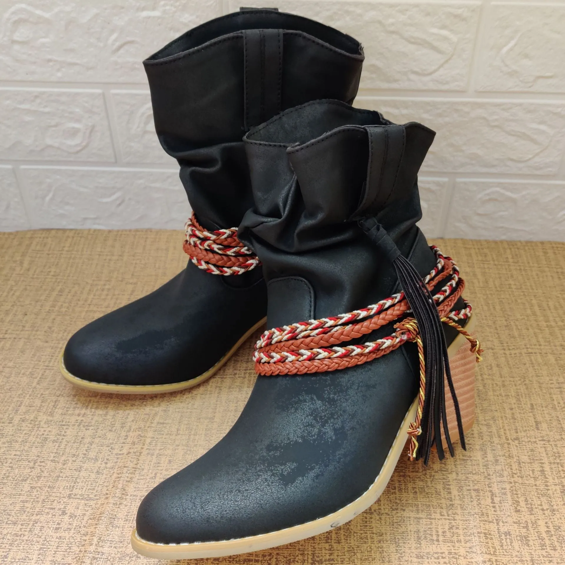 Women fringed woven strap chunky heel short cowboy boots