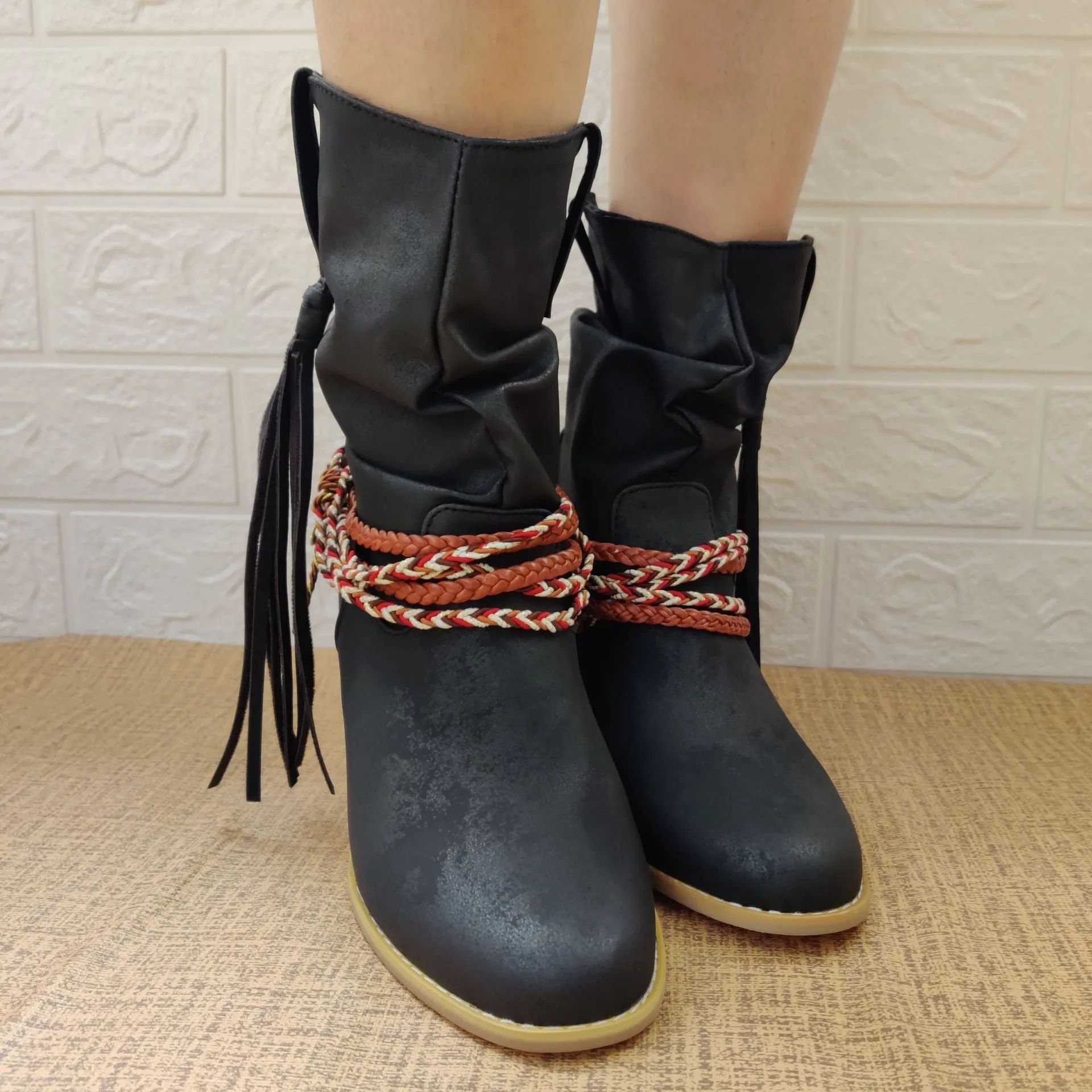 Women fringed woven strap chunky heel short cowboy boots